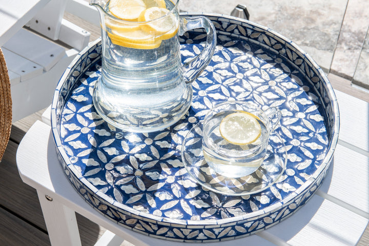 Floral Blue Round Mother Of Pearl Tray