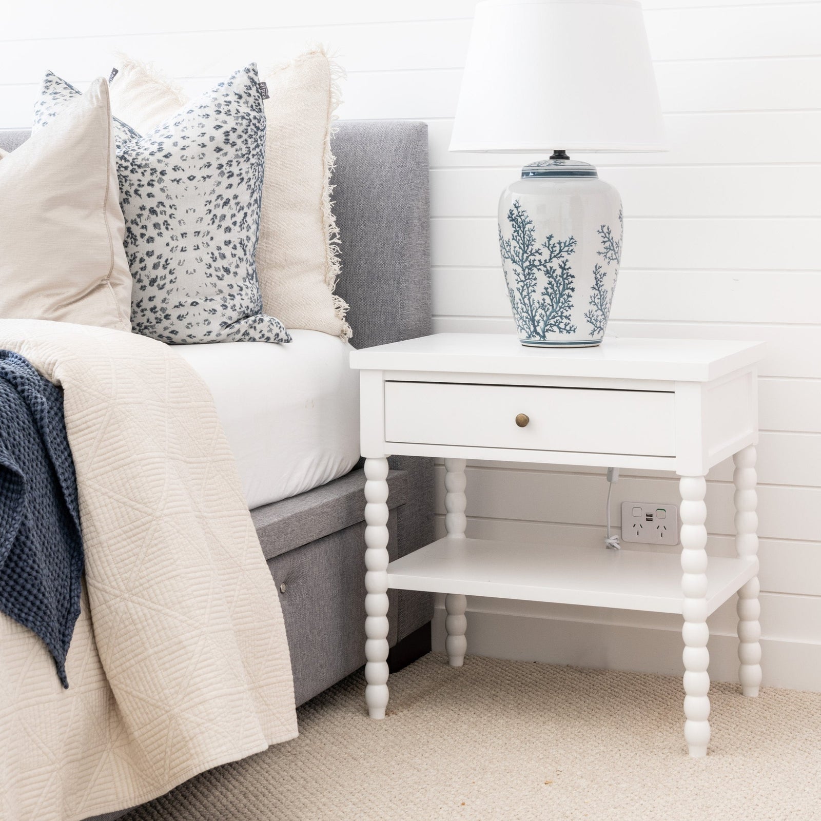 Bobbin Medium Bedside Table Satin White 65cm wide x 45cm deep x 65cm high