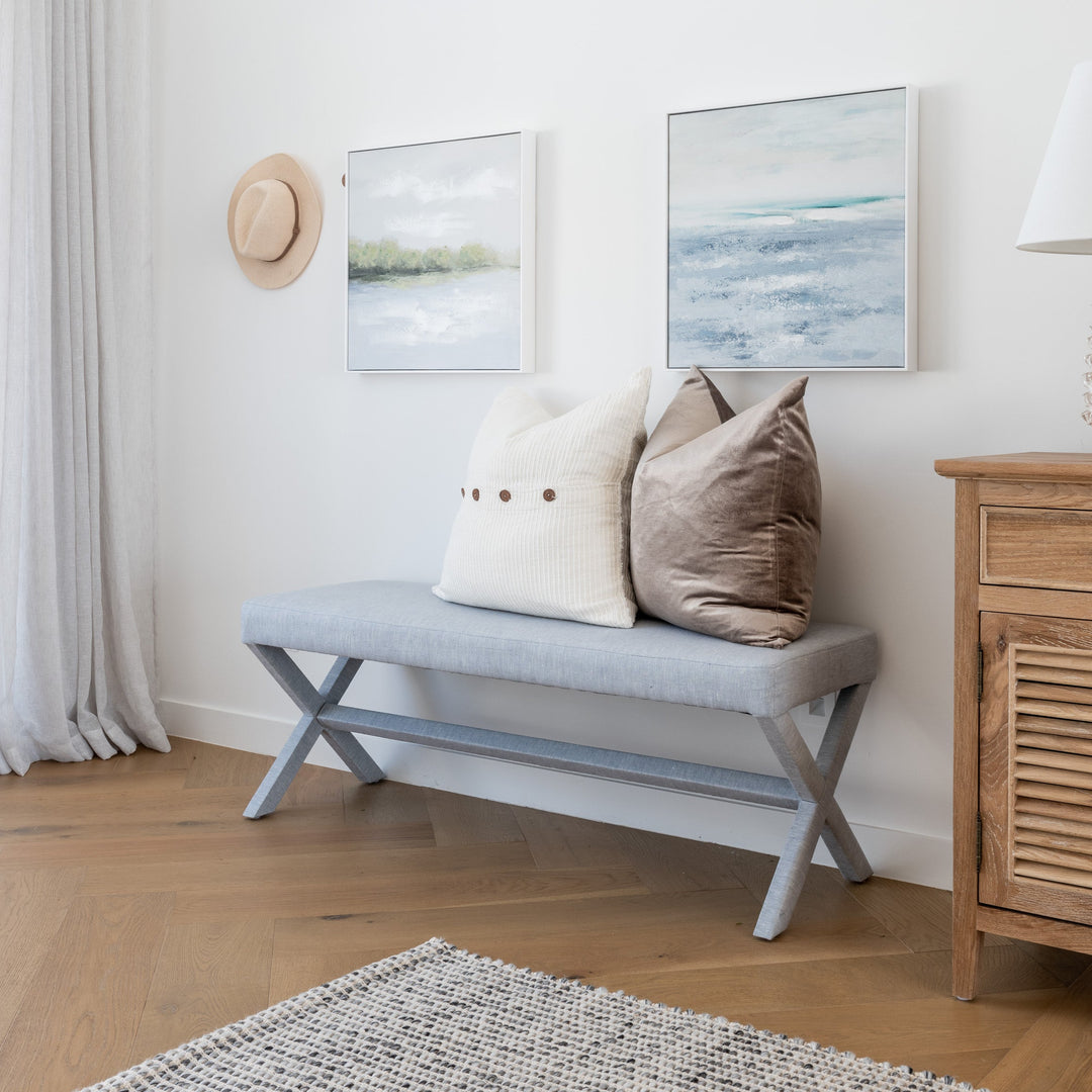 Lauren Linen Cross Leg Medium Bench Seat Duck Egg Blue 135cm wide x 45cm deep x 49cm high