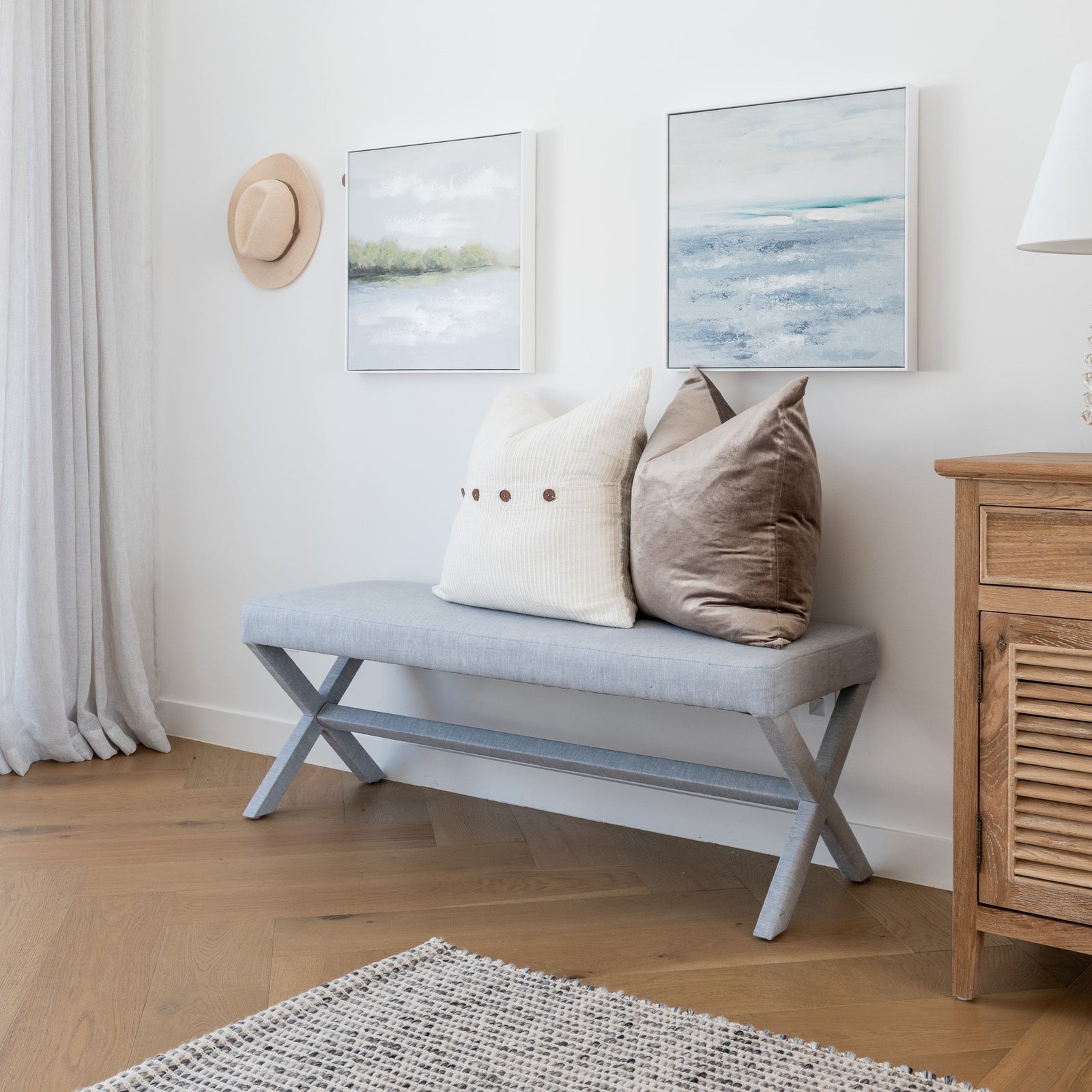 Lauren Linen Cross Leg Medium Bench Seat Duck Egg Blue 135cm wide x 45cm deep x 49cm high