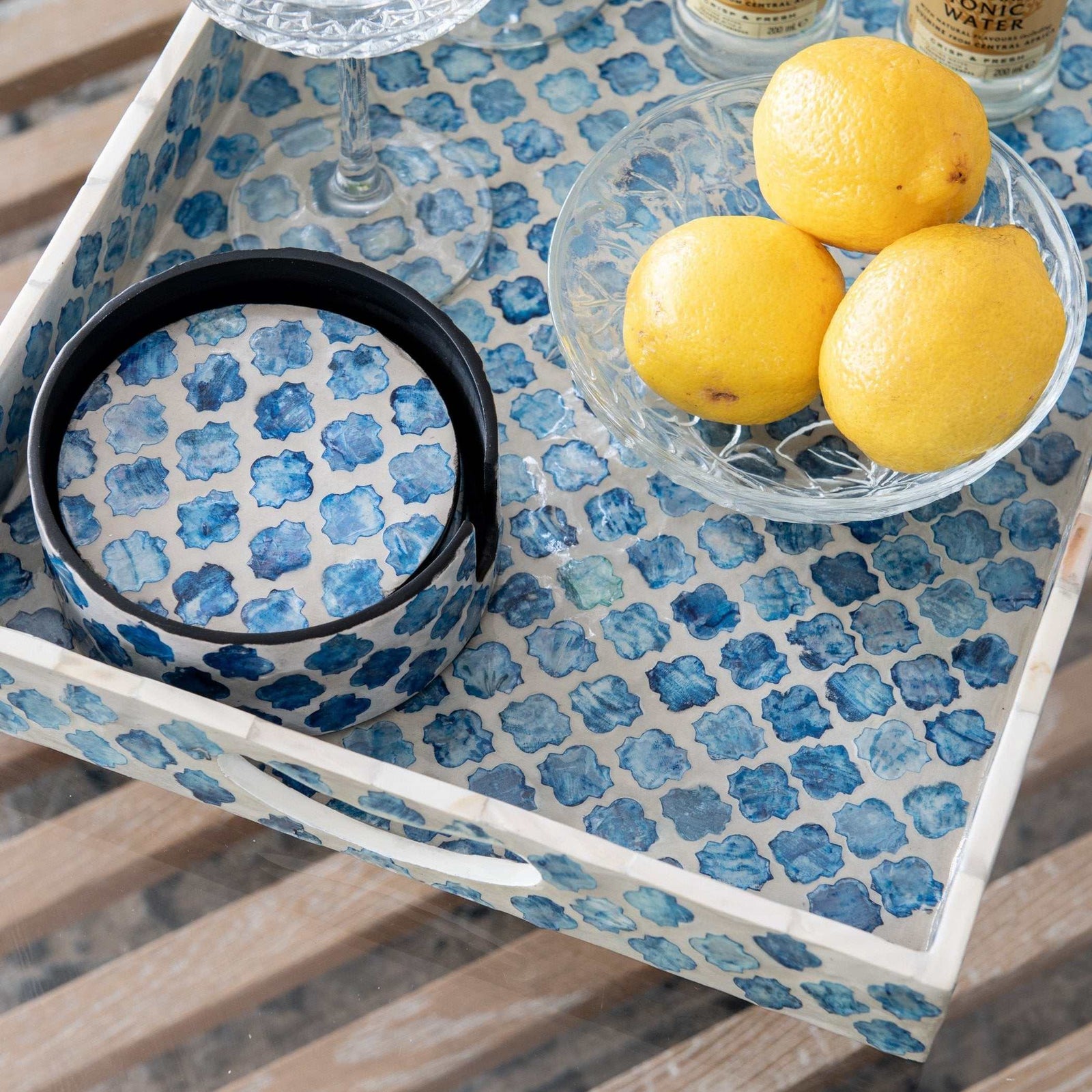 Quatrefoil Mother Of Pearl Coaster Set- Blue