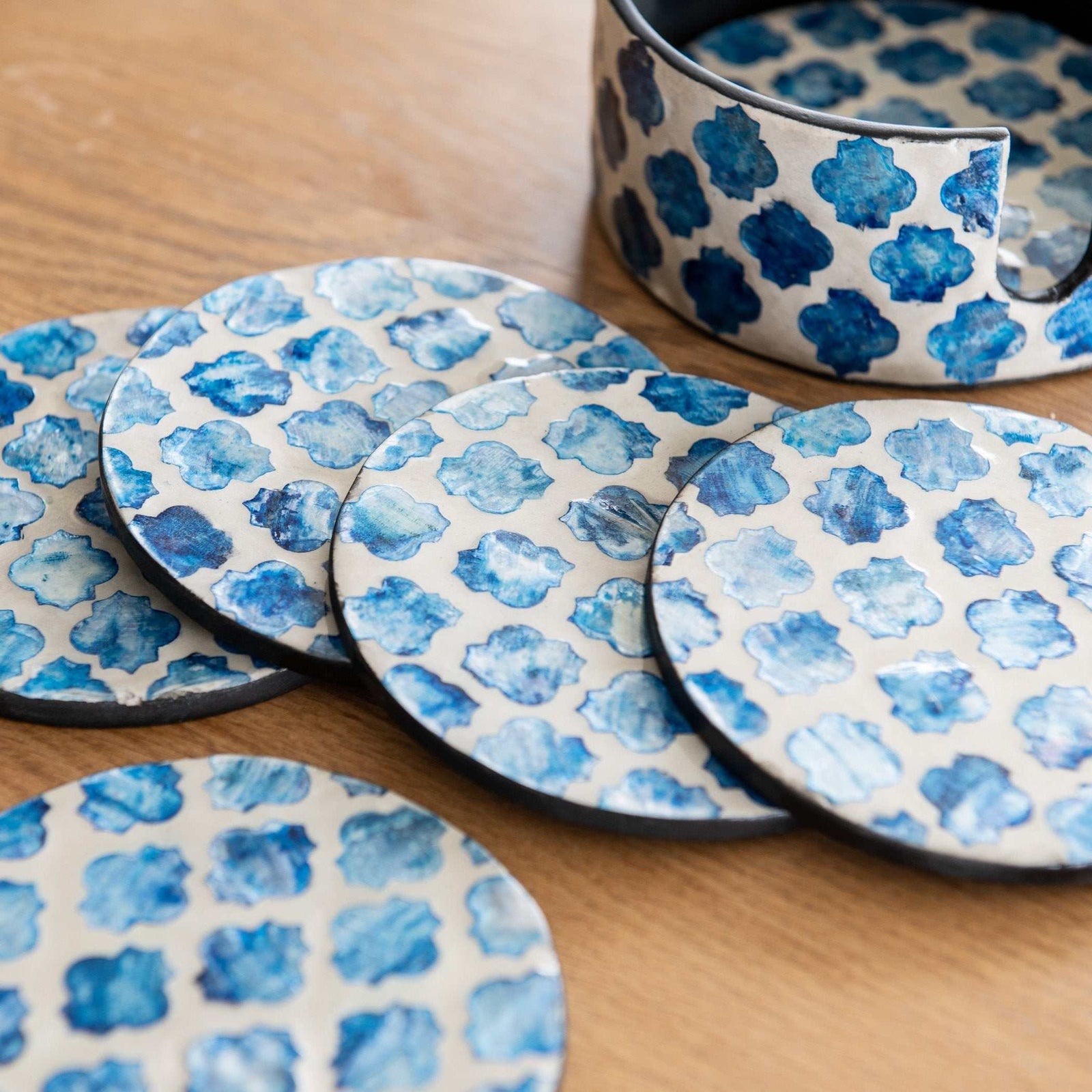 Quatrefoil Mother Of Pearl Coaster Set- Blue