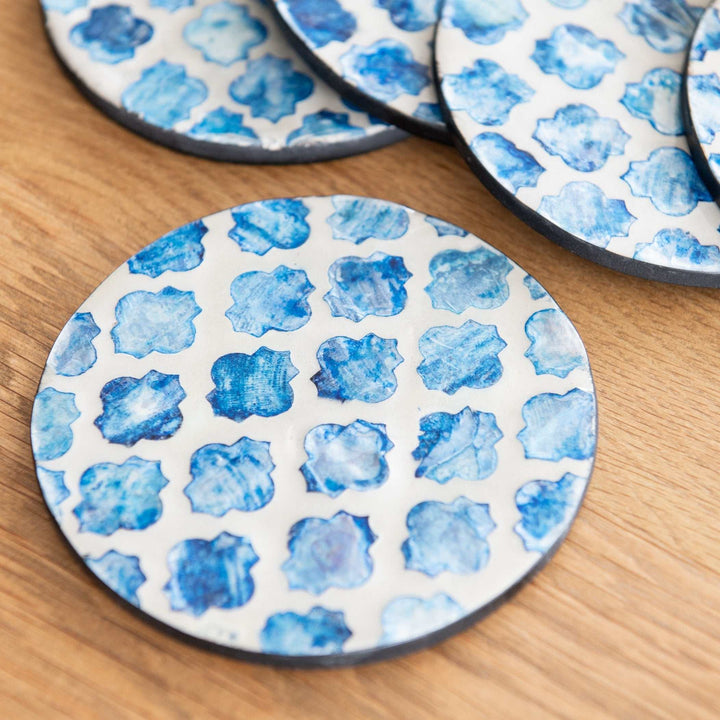 Quatrefoil Mother Of Pearl Coaster Set- Blue