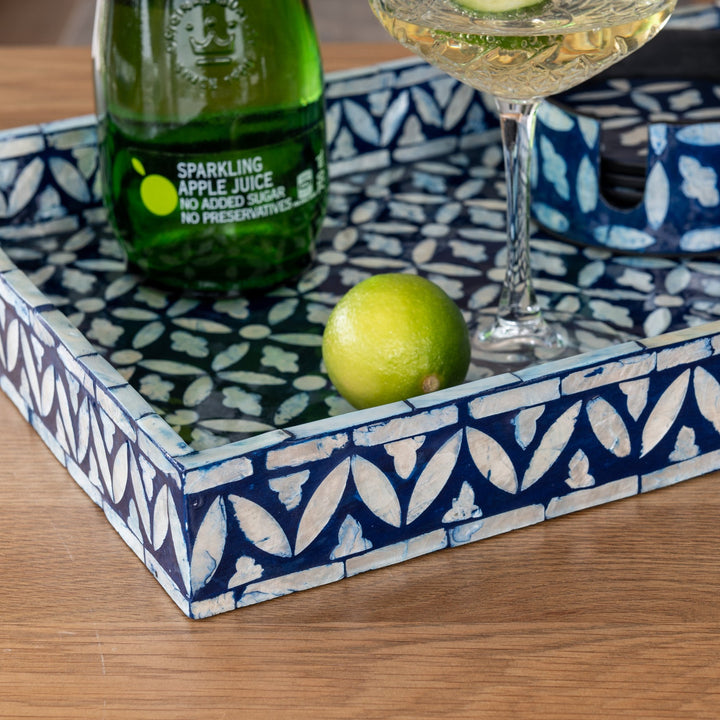 Floral Blue Rectangular Mother Of Pearl Tray