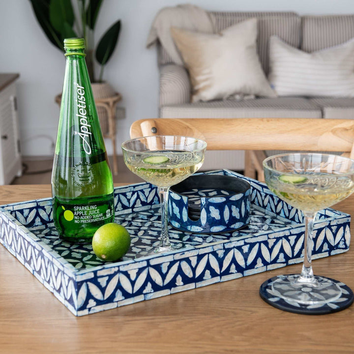 Floral Mother Of Pearl Coaster Set - Blue