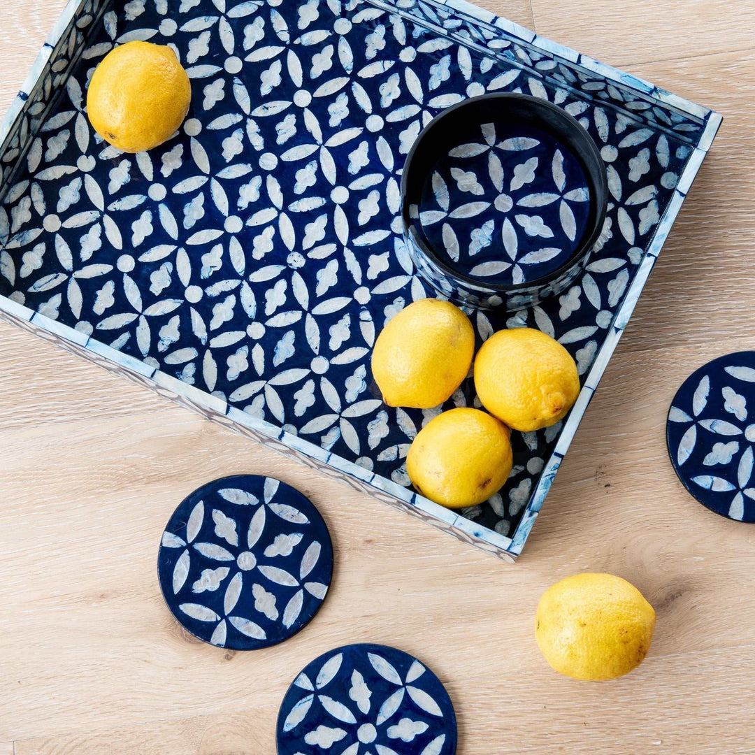 Floral Mother Of Pearl Coaster Set - Blue