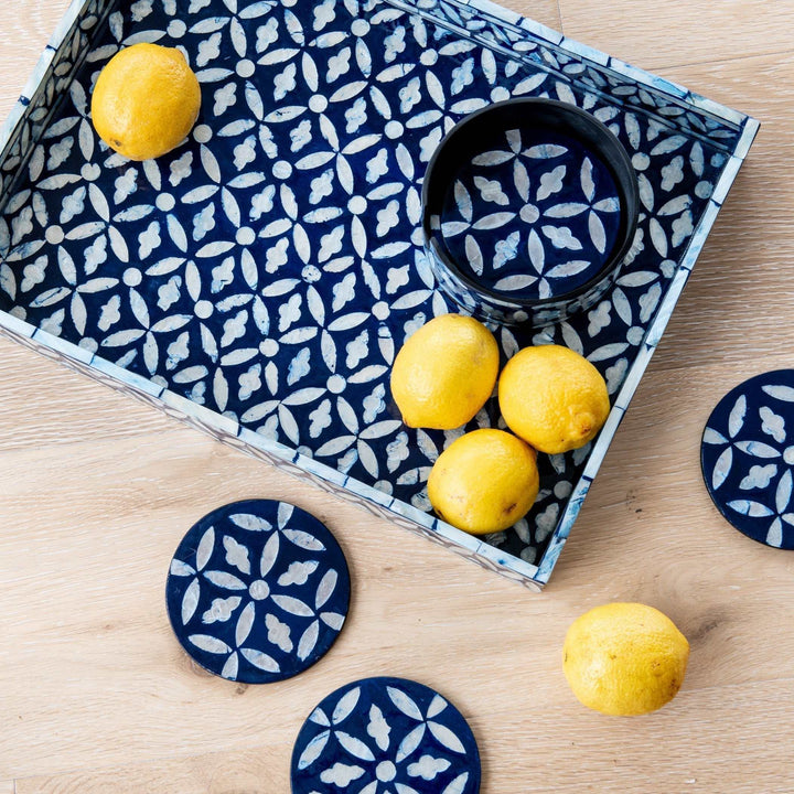 Floral Mother Of Pearl Coaster Set - Blue