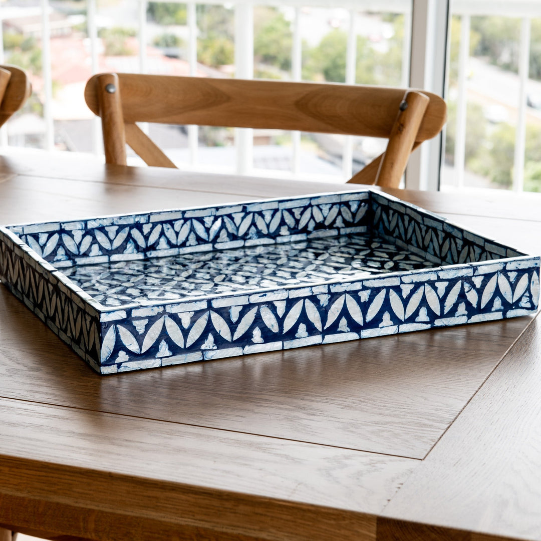 Floral Blue Rectangular Mother Of Pearl Tray