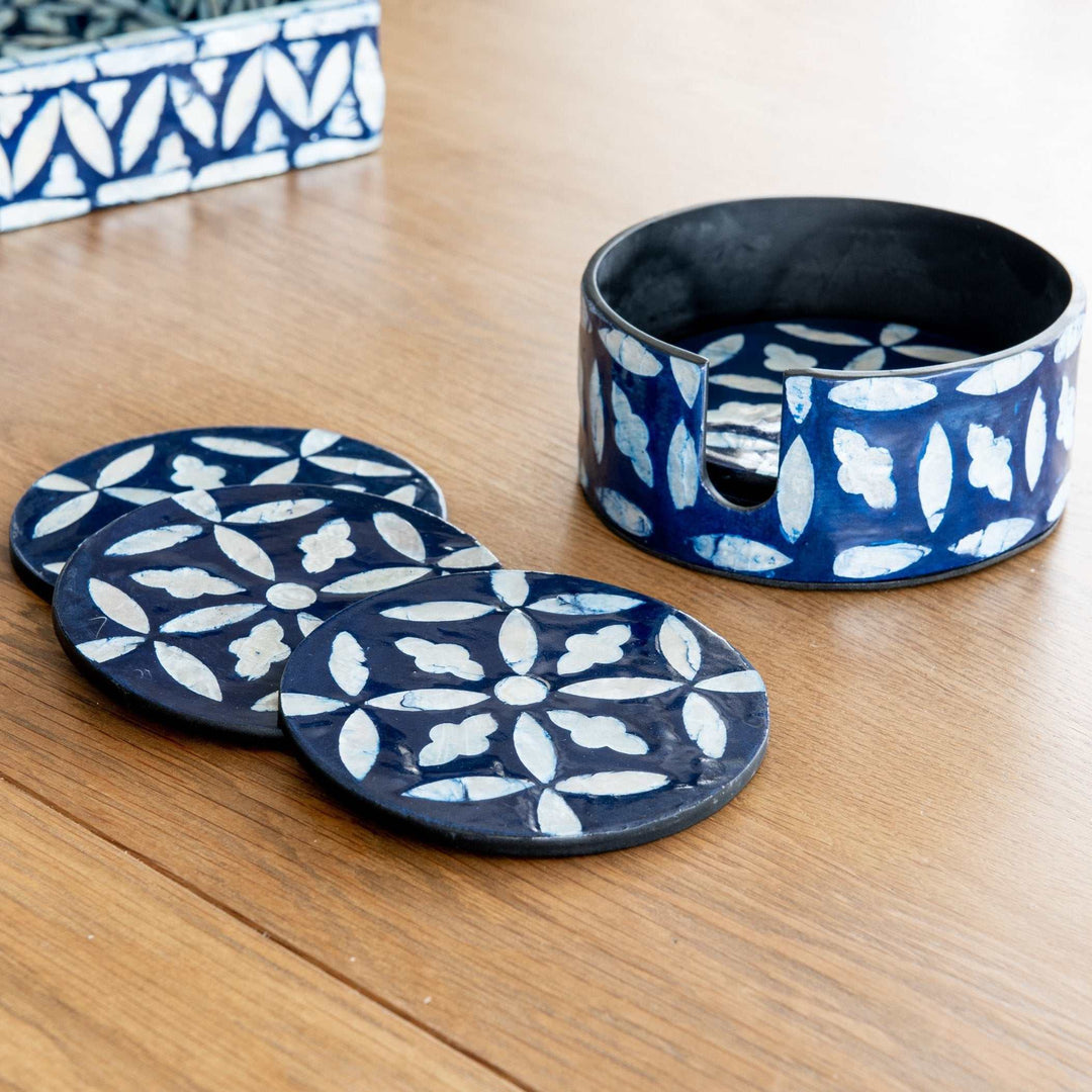 Floral Mother Of Pearl Coaster Set - Blue