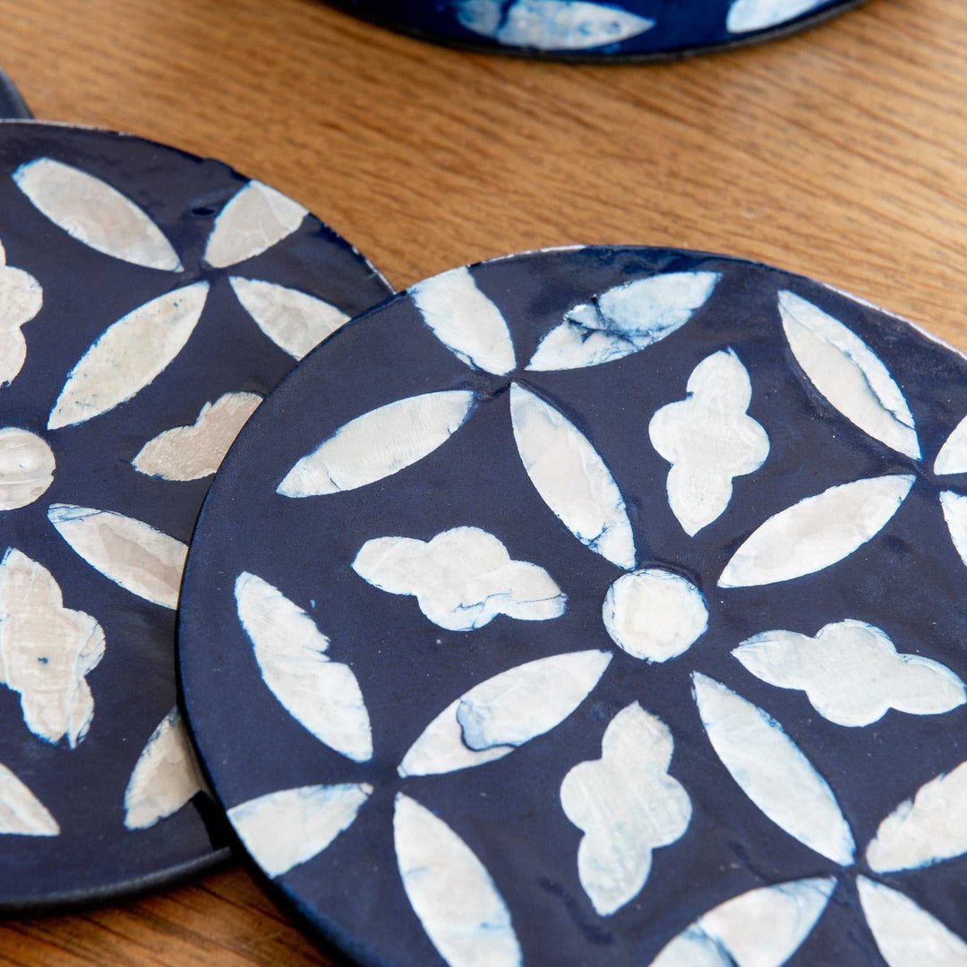 Floral Mother Of Pearl Coaster Set - Blue