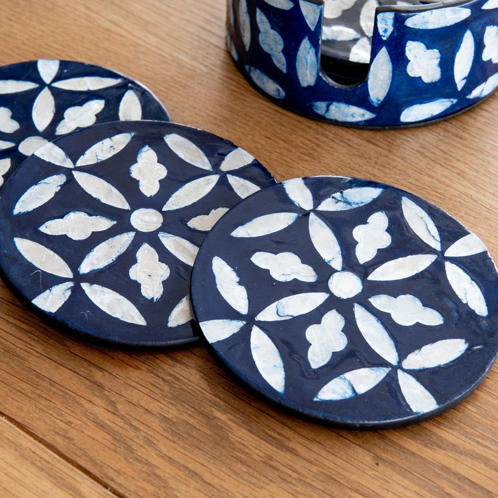 Floral Mother Of Pearl Coaster Set - Blue