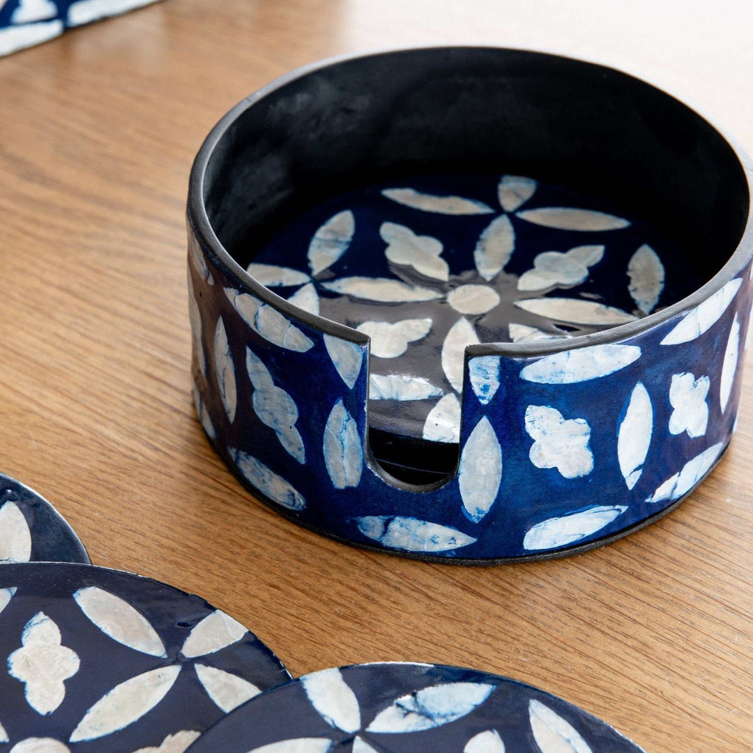 Floral Mother Of Pearl Coaster Set - Blue