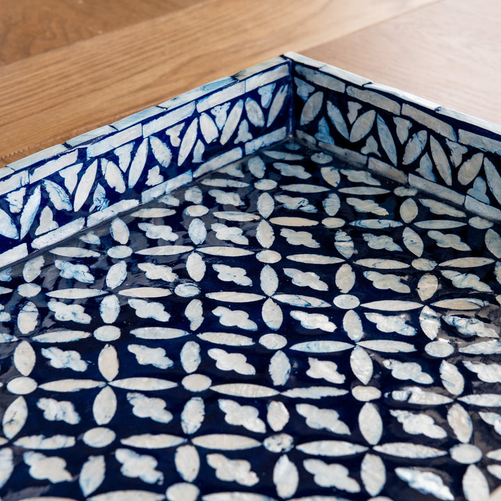 Floral Blue Rectangular Mother Of Pearl Tray