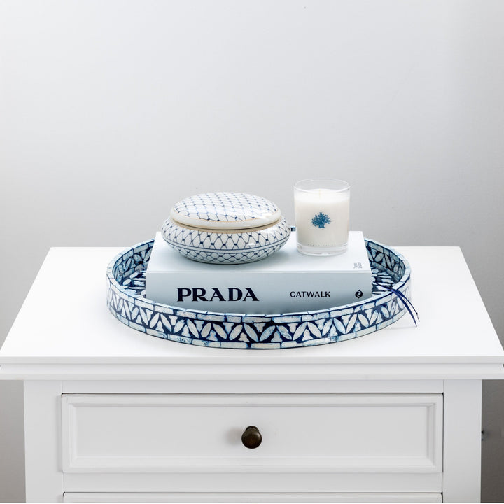 Floral Blue Round Mother Of Pearl Tray