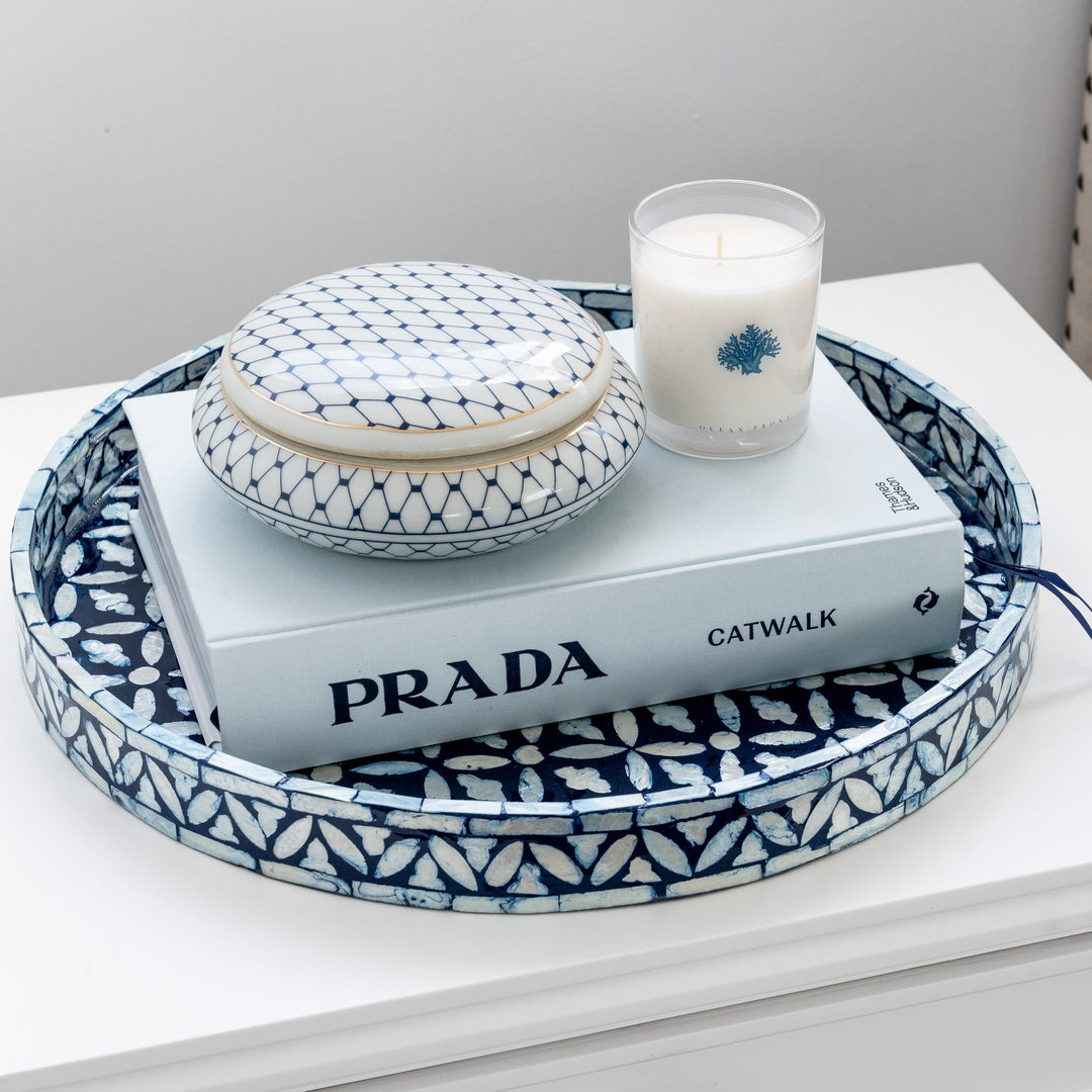 Floral Blue Round Mother Of Pearl Tray