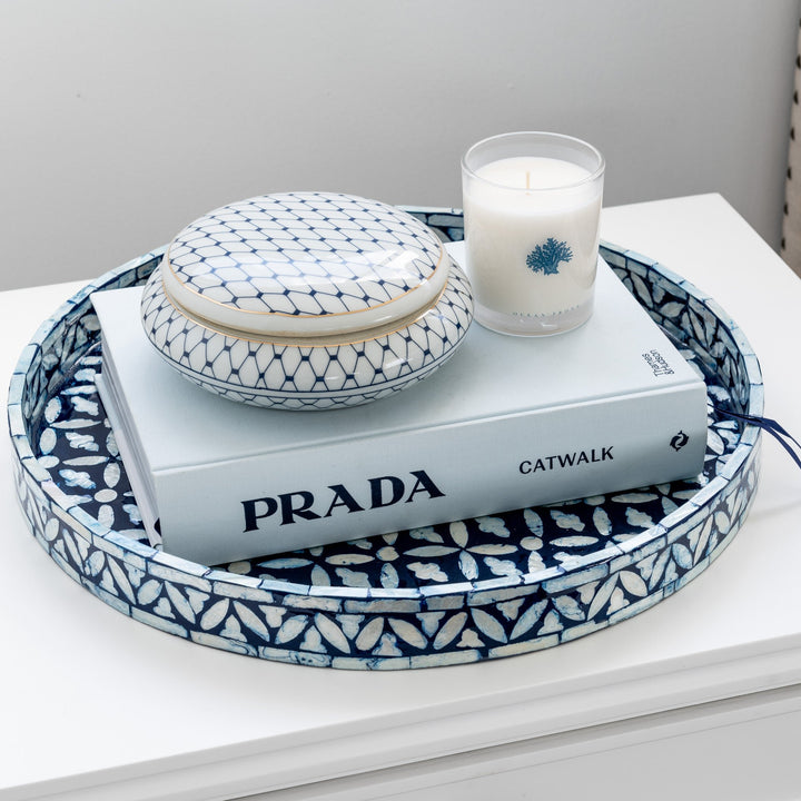 Floral Blue Round Mother Of Pearl Tray