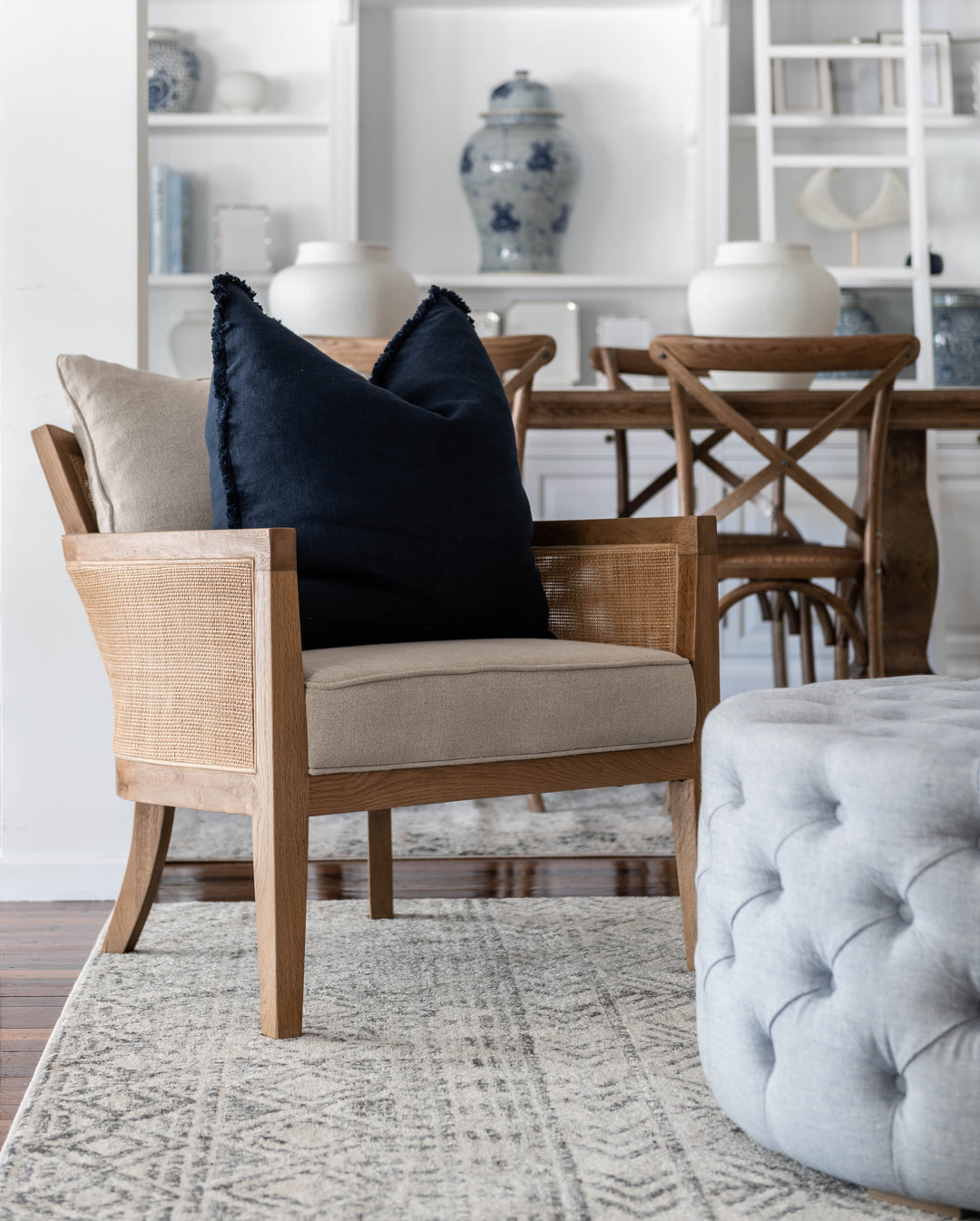 Charlotte Tufted Linen Round Upholstered Ottoman
