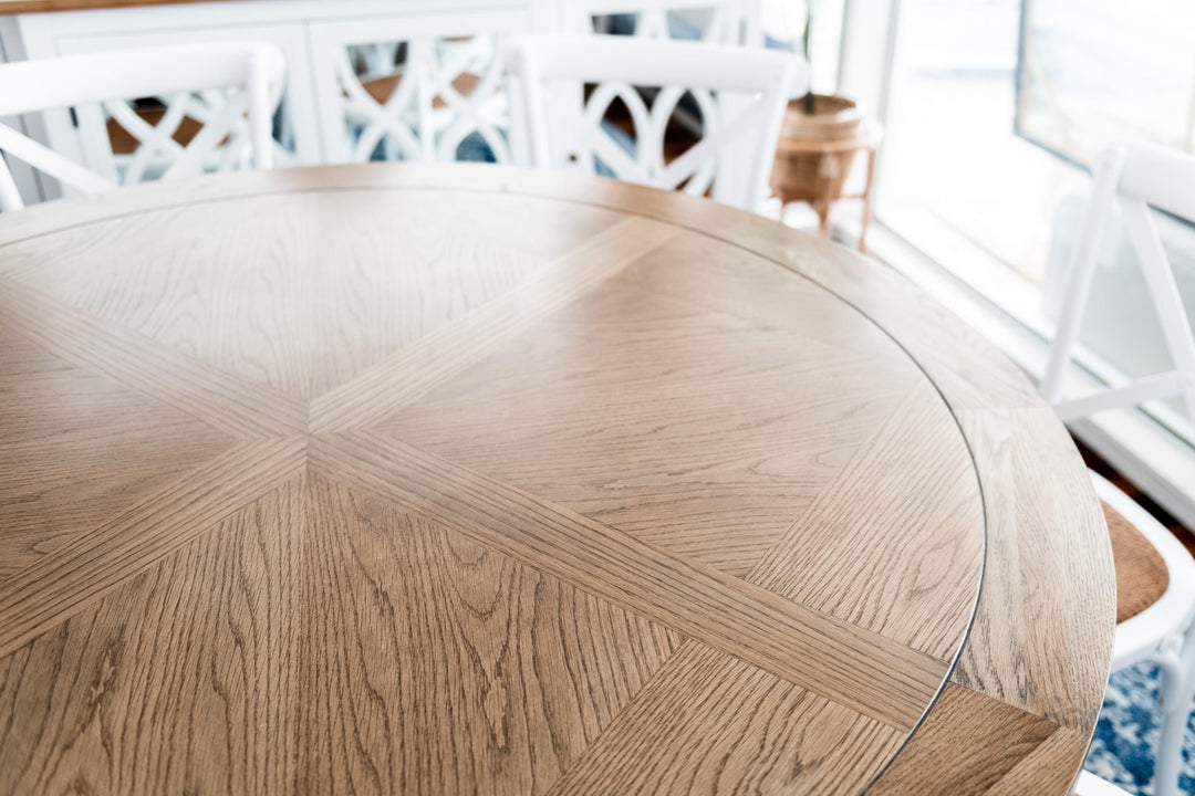 Hannah Parquetry Round Dining Table With Natural Base