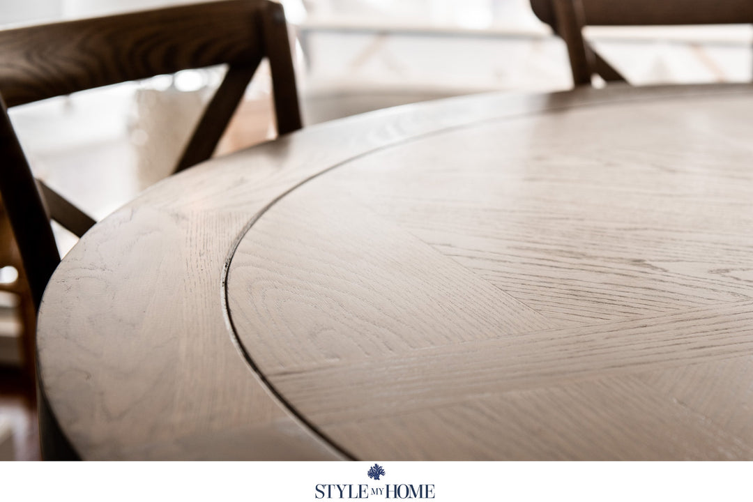 Hannah Parquetry Round Dining Table With Natural Base