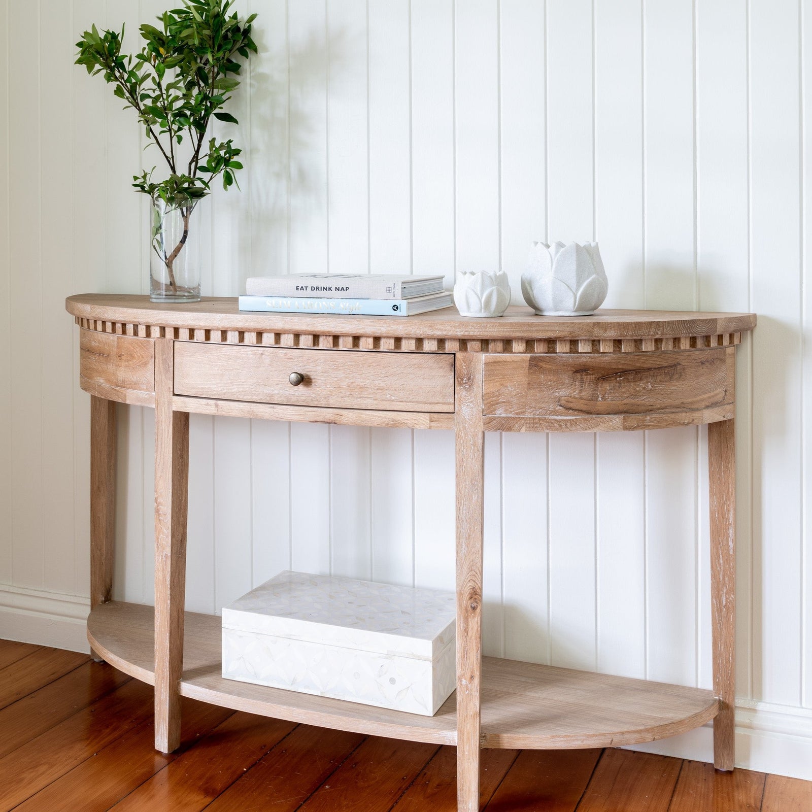 Regency Medium Curved Console Table Whitewash Oak 140cm wide x 40cm deep x 80cm high
