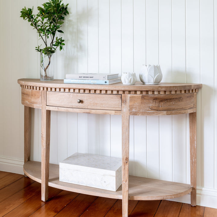 Regency Medium Curved Console Table Whitewash Oak 140cm wide x 40cm deep x 80cm high