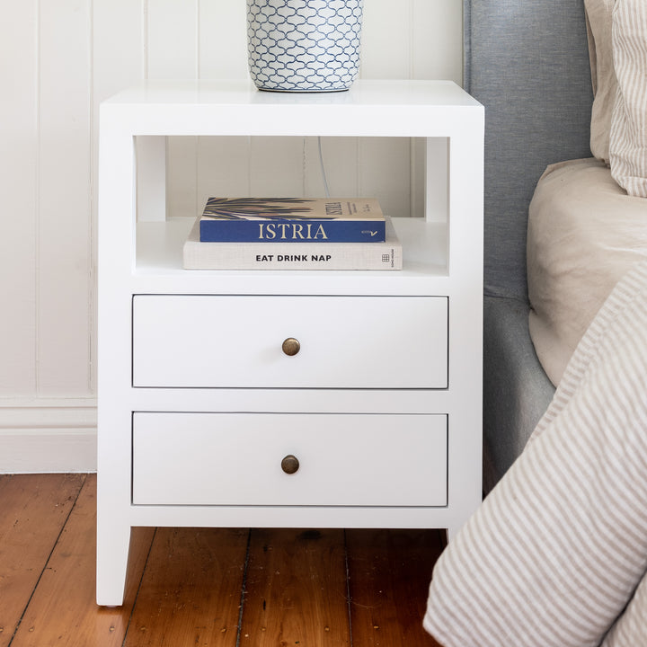Elliot Small Bedside Table Satin White 50cm wide x 45cm deep x 65cm high