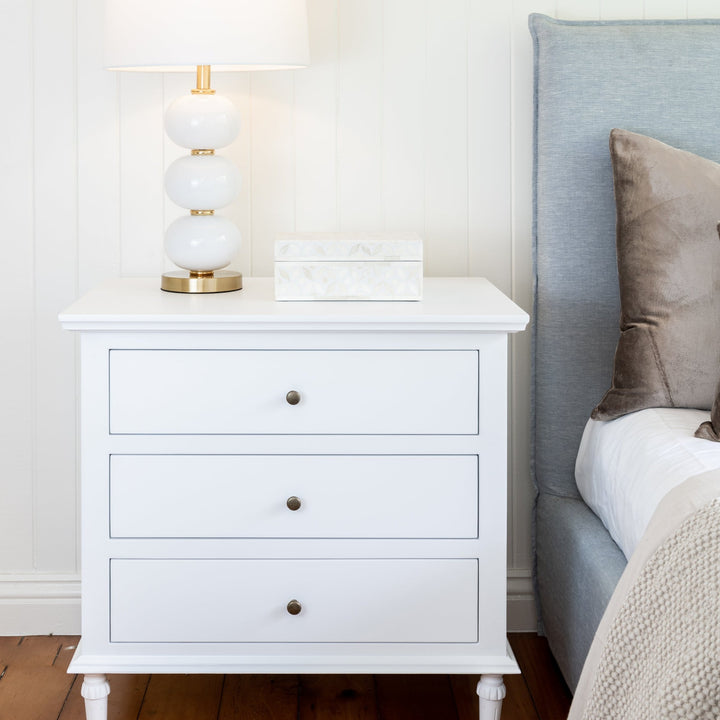 Sophia Large Bedside Table Satin White 75cm wide x 49cm deep x72cm high