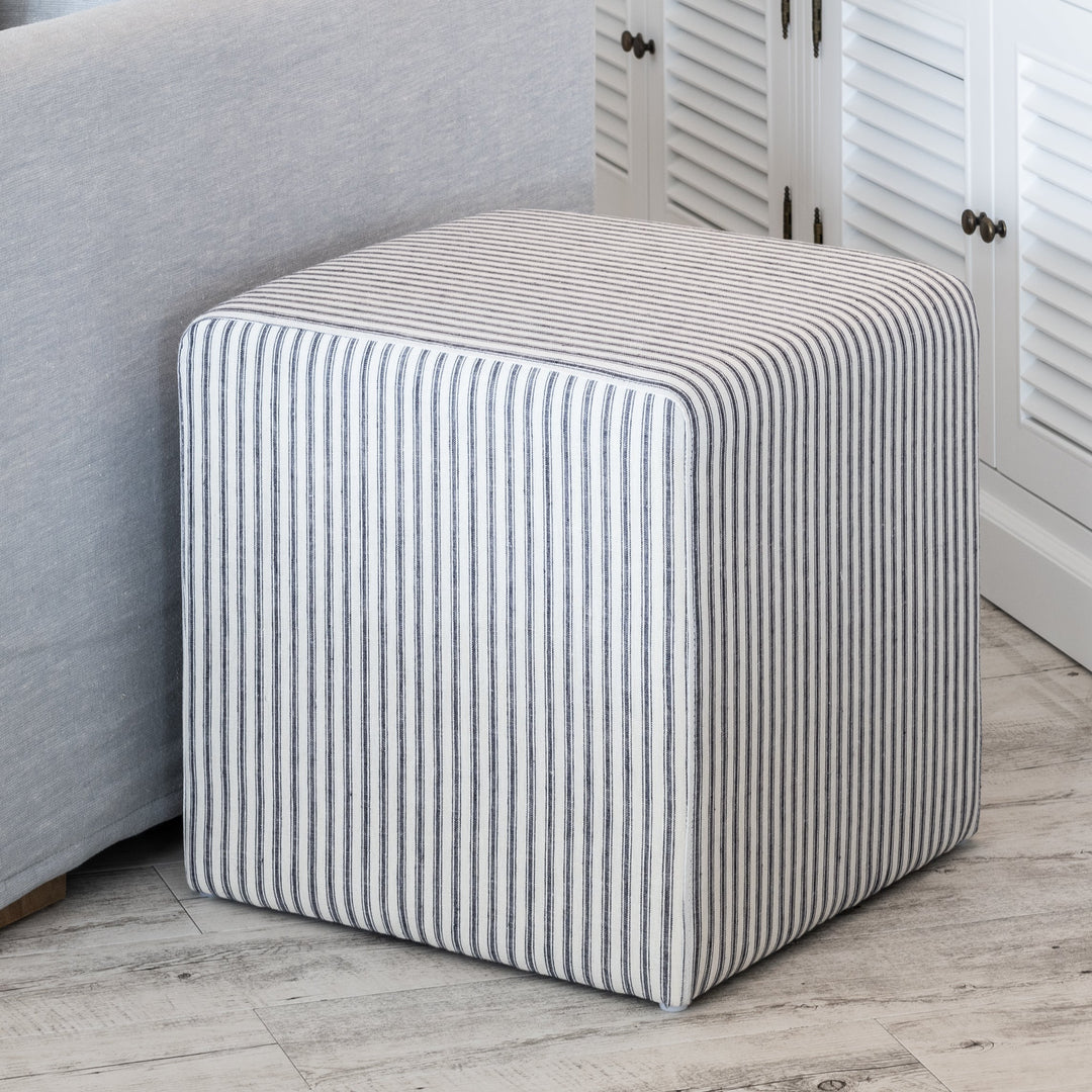 Justine Upholstered Cube Ottoman Stripe Navy Blue 45cm depth x 45cm wide x 45cm high