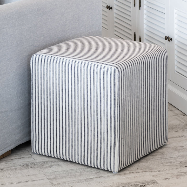 Justine Upholstered Cube Ottoman Stripe Navy Blue 45cm depth x 45cm wide x 45cm high