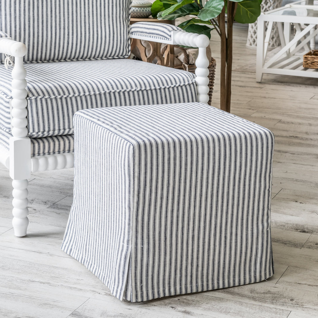 Capri Upholstered Slip Cover Cube Ottoman Stripe Navy Blue 45cm depth x 45cm wide x 45cm high