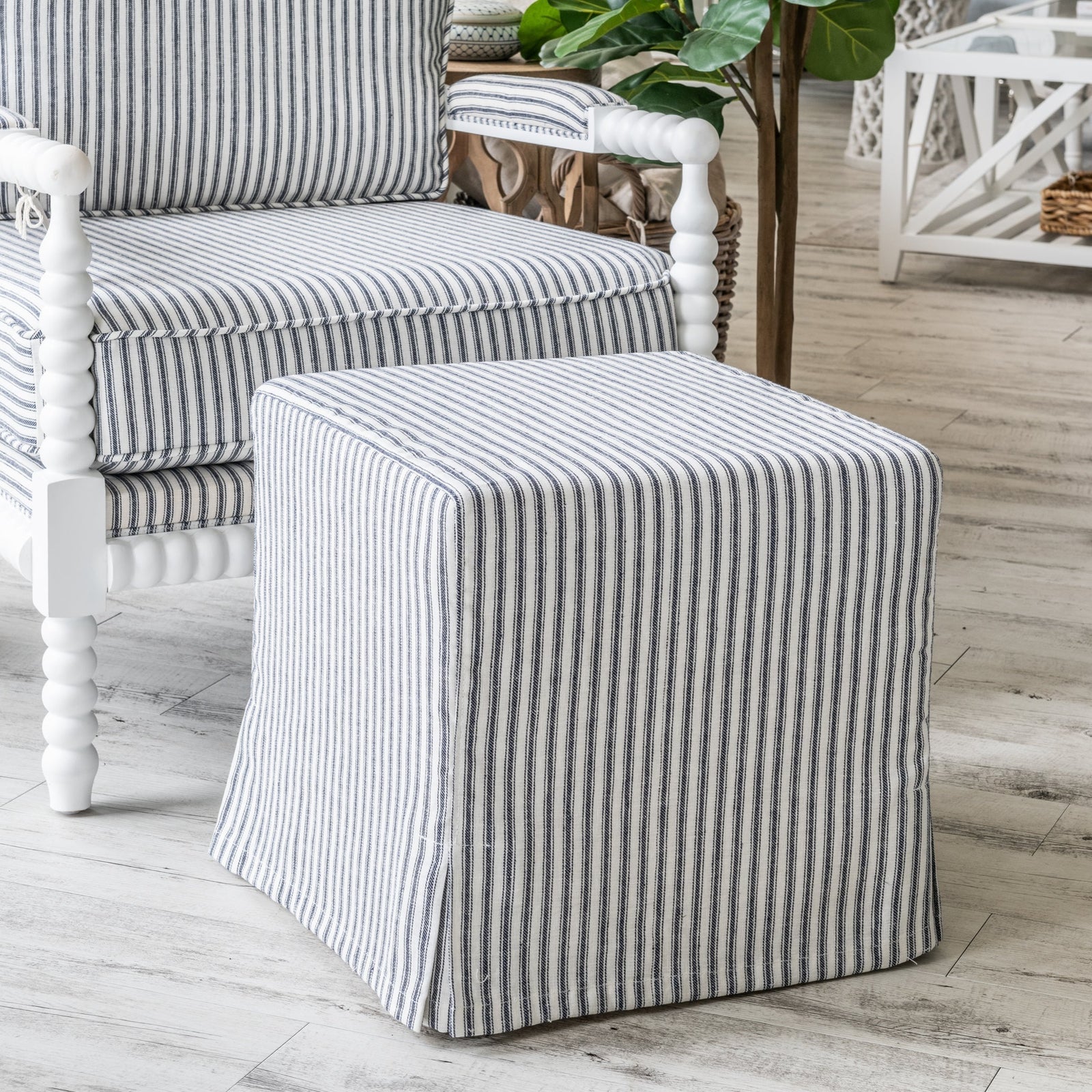 Capri Upholstered Slip Cover Cube Ottoman Stripe Navy Blue 45cm depth x 45cm wide x 45cm high