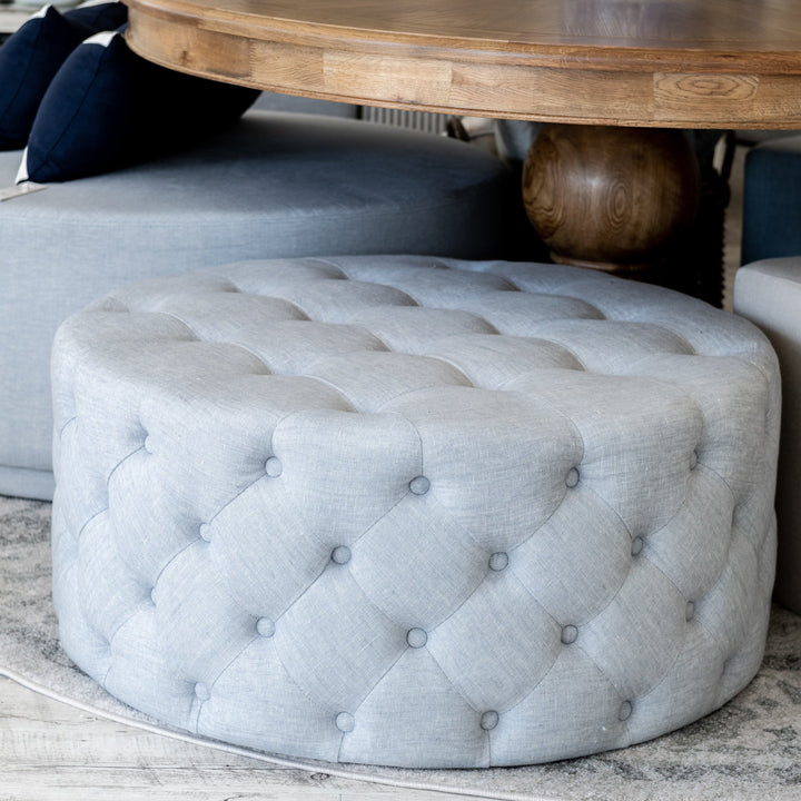 Charlotte Tufted Linen Round Upholstered Ottoman