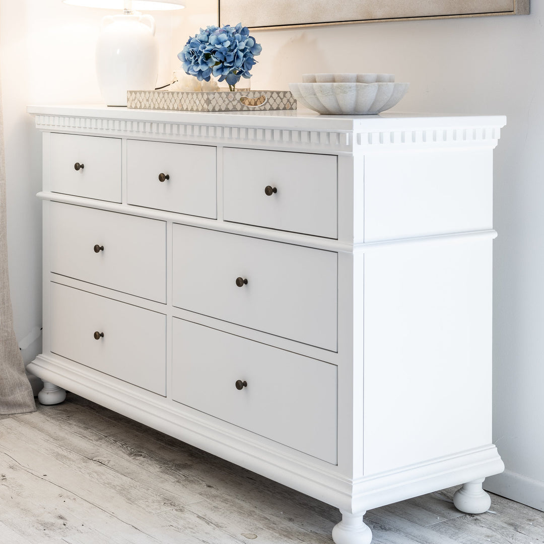 Regency Seven Drawer Chest Of Drawers Satin White