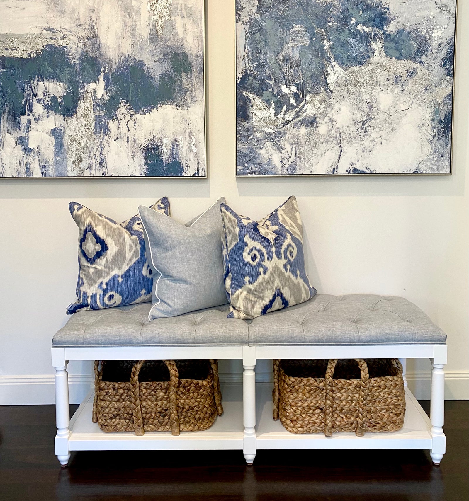 Antoinette Linen Upholstered Oak Bench Seat Satin White Duck Egg Blue 150cm wide x 50cm deep x 53cm high