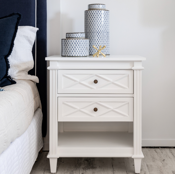 Ascot Medium Bedside Table Satin White 65cm wide x 50cm deep x 76cm high