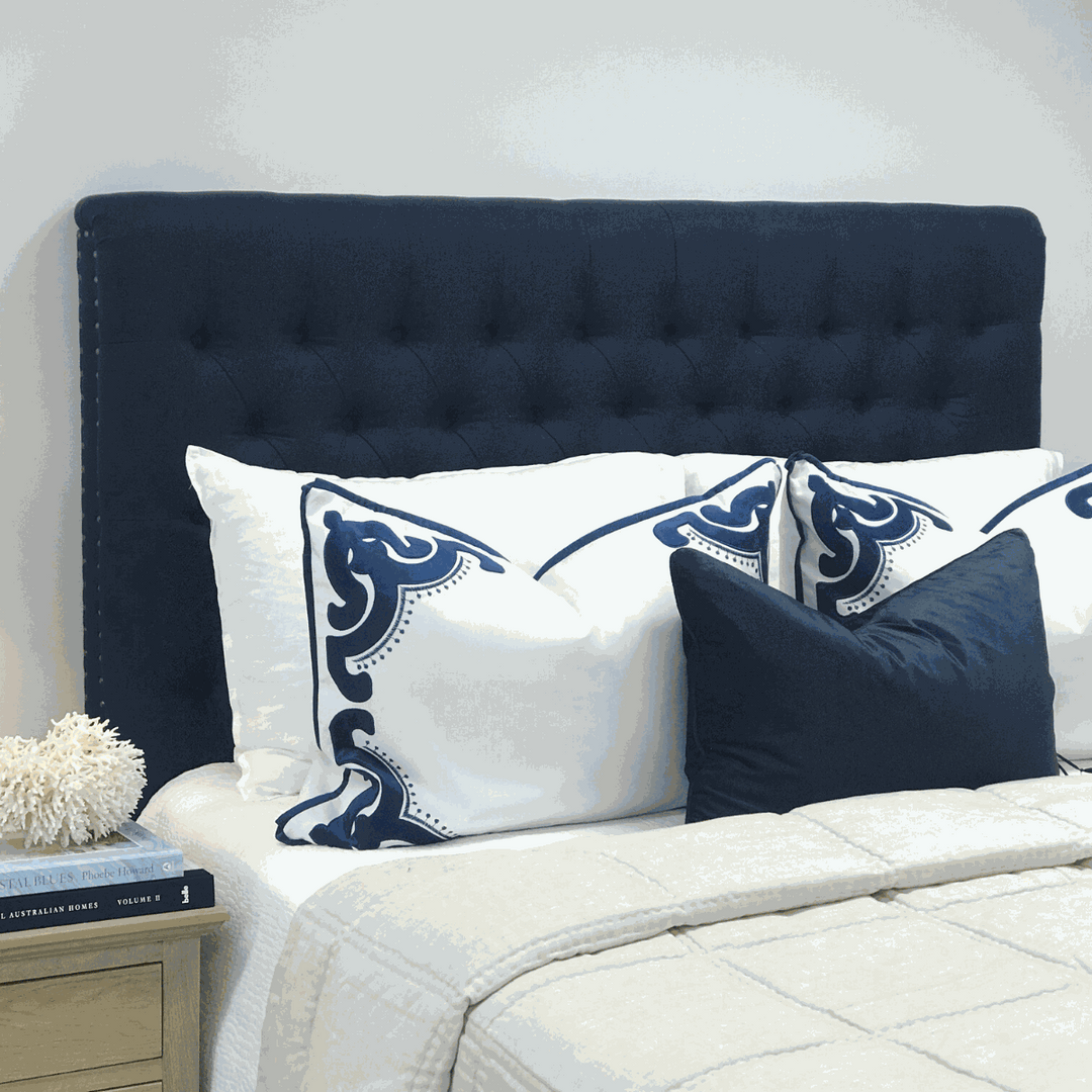 Charlotte Chesterfield Linen Bedhead Queen Navy Square